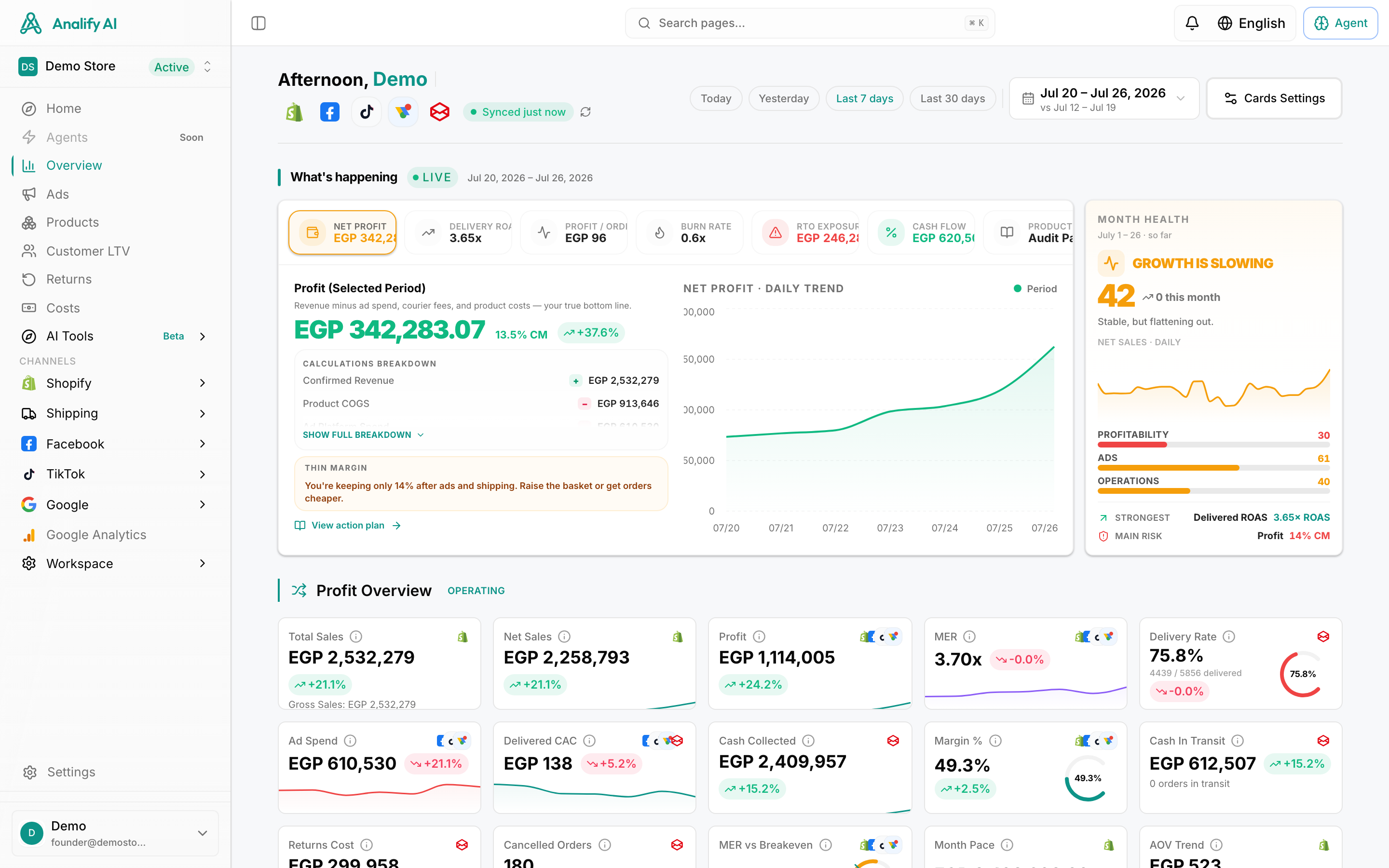 Analify product screen showing connected ecommerce performance data